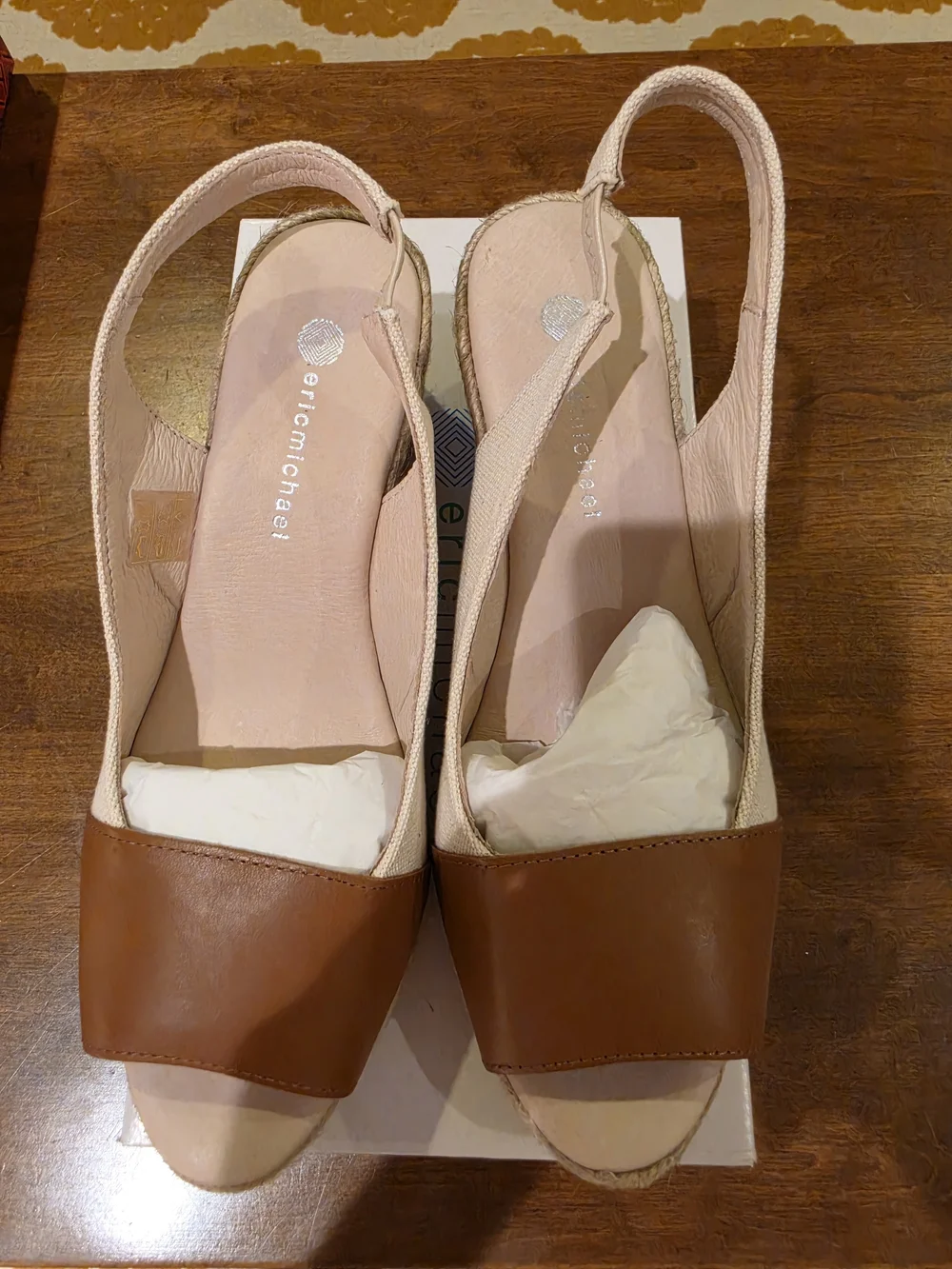 Eric Michael Tan Leather and Cream Canvas Espadrille Wedges